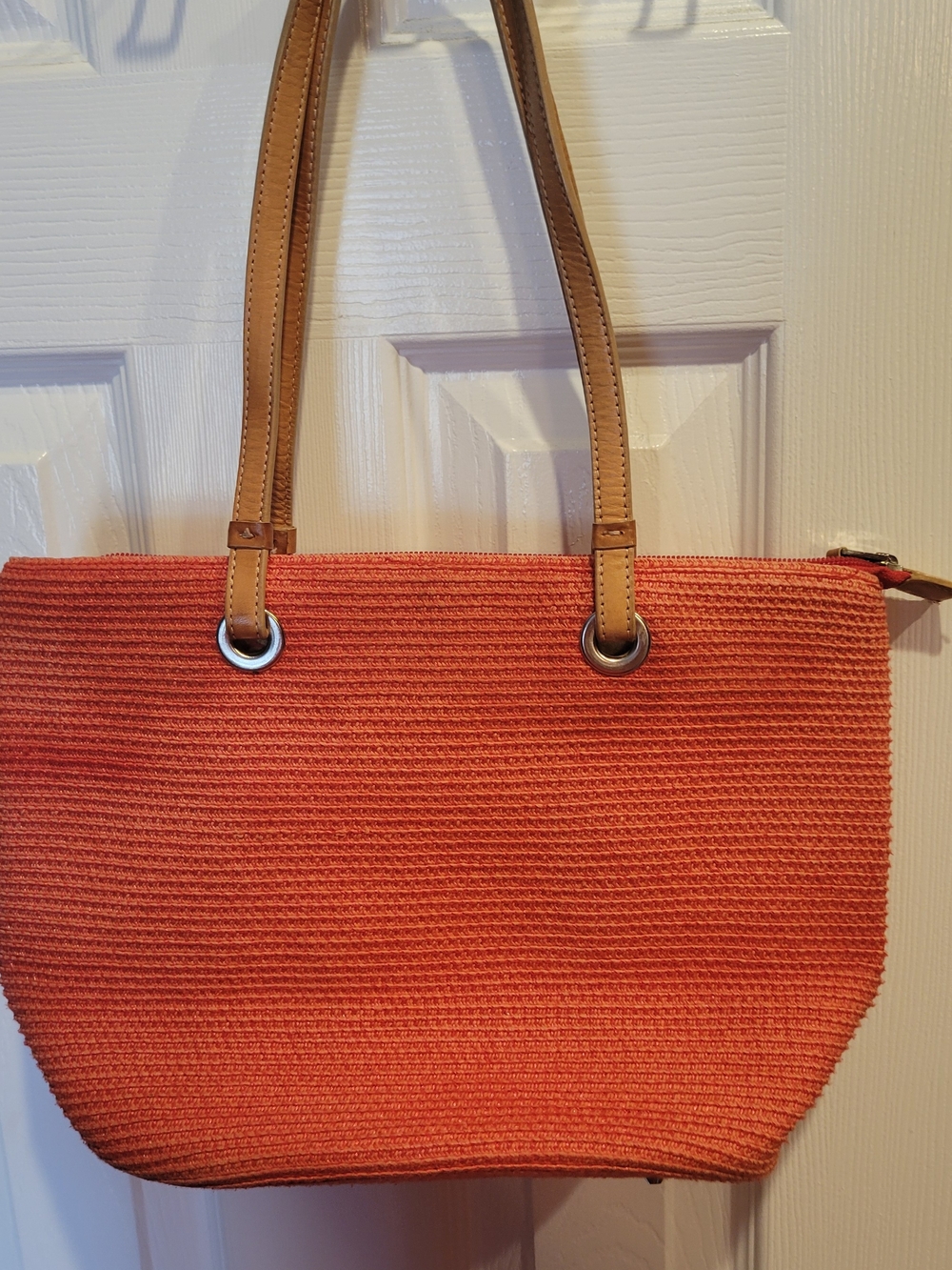 Talbots Orange Woven Tote with Tan Handles